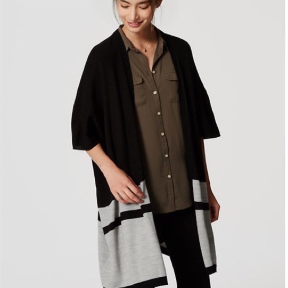 LOFT Black and Gray Stripe Short Sleeve Cardigan Kimono